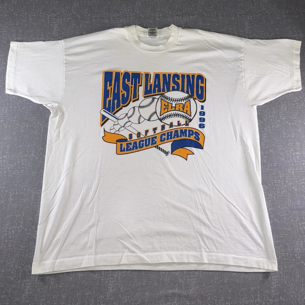 Vintage Fruit of the Loom East Lansing Softball Shirt Mens 2XL 1996 90s White